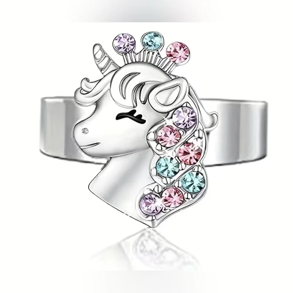 New 4pc unicorn set necklace bracelet earrings adjustable ring, T1B3A